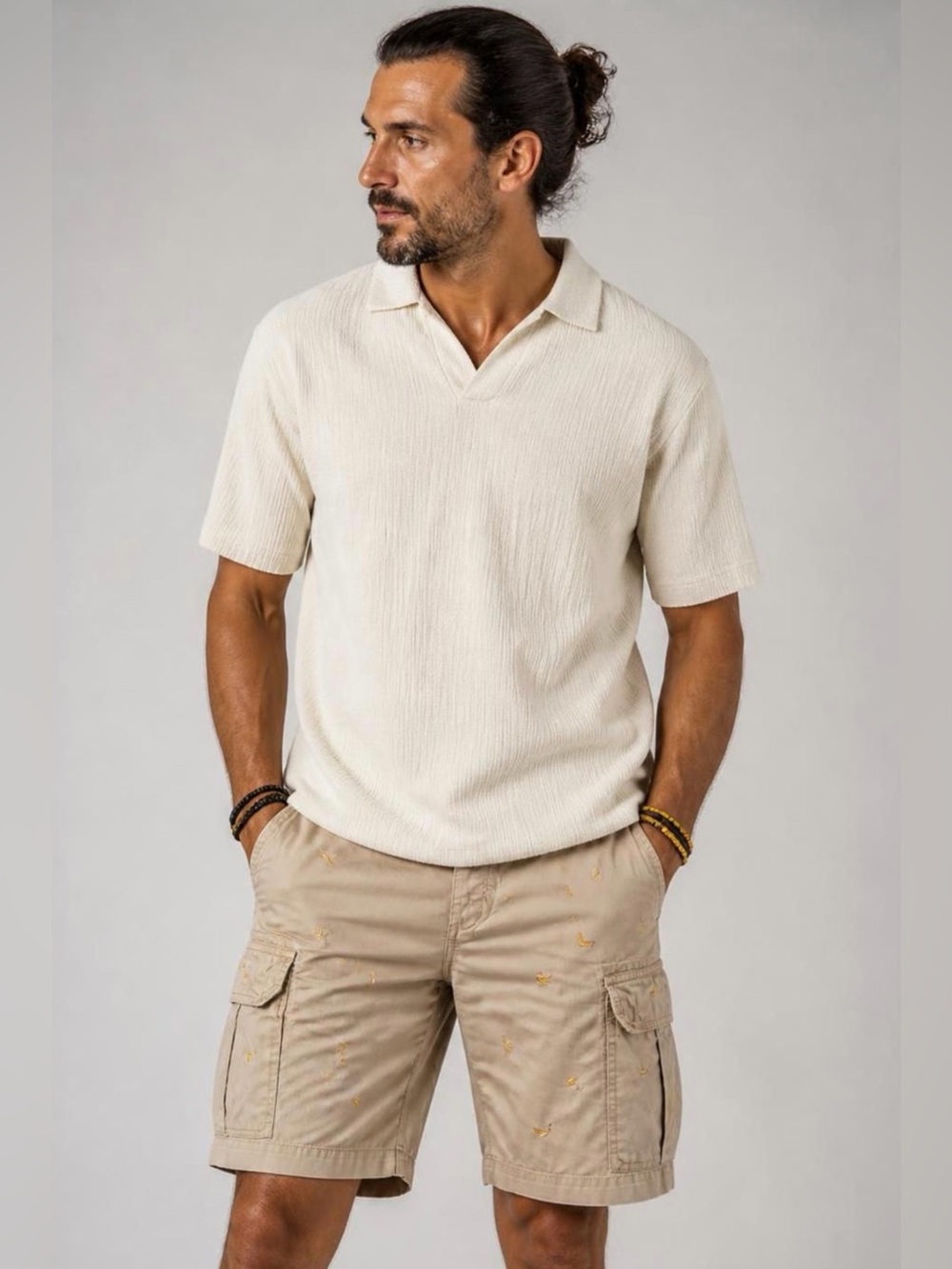Men's Cream Textured Short-Sleeve Polo - Lightweight Everyday Style